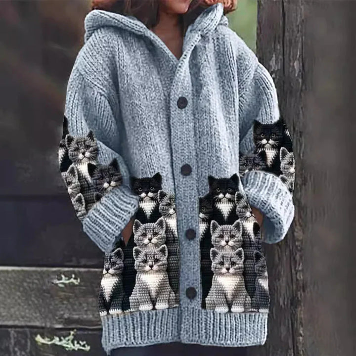 Ivy - Cozy Knit Cat Print Cardigan