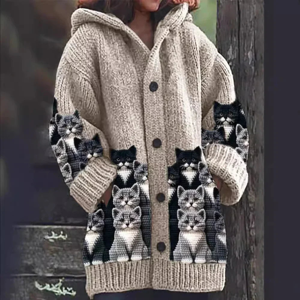 Ivy - Cozy Knit Cat Print Cardigan