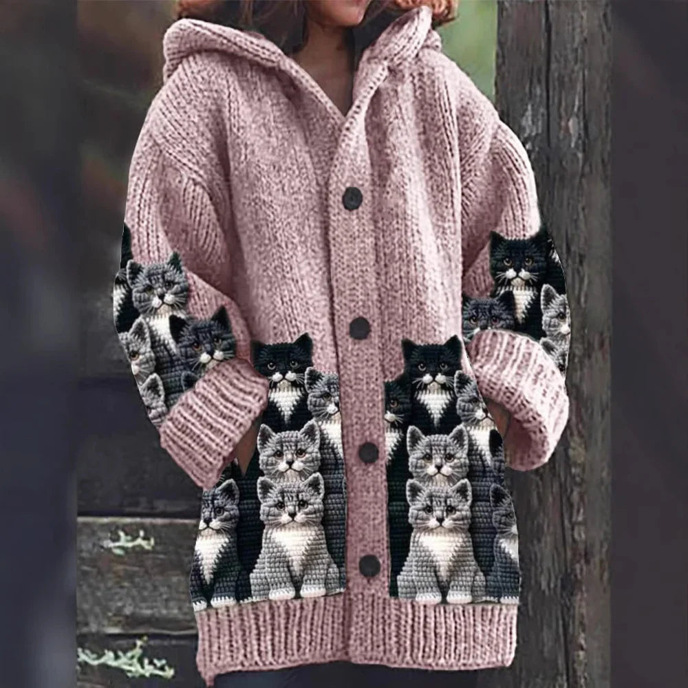 Ivy - Cozy Knit Cat Print Cardigan