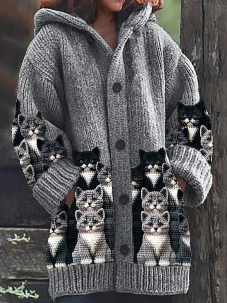 Ivy - Cozy Knit Cat Print Cardigan